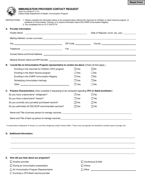 State Form 54048 Immunization Provider Contact Request - Indiana
