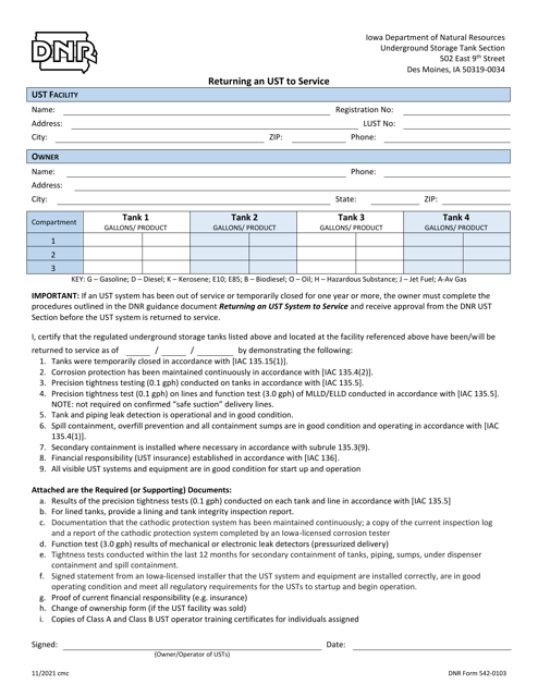 DNR Form 542-0103 Returning an Ust to Service - Iowa