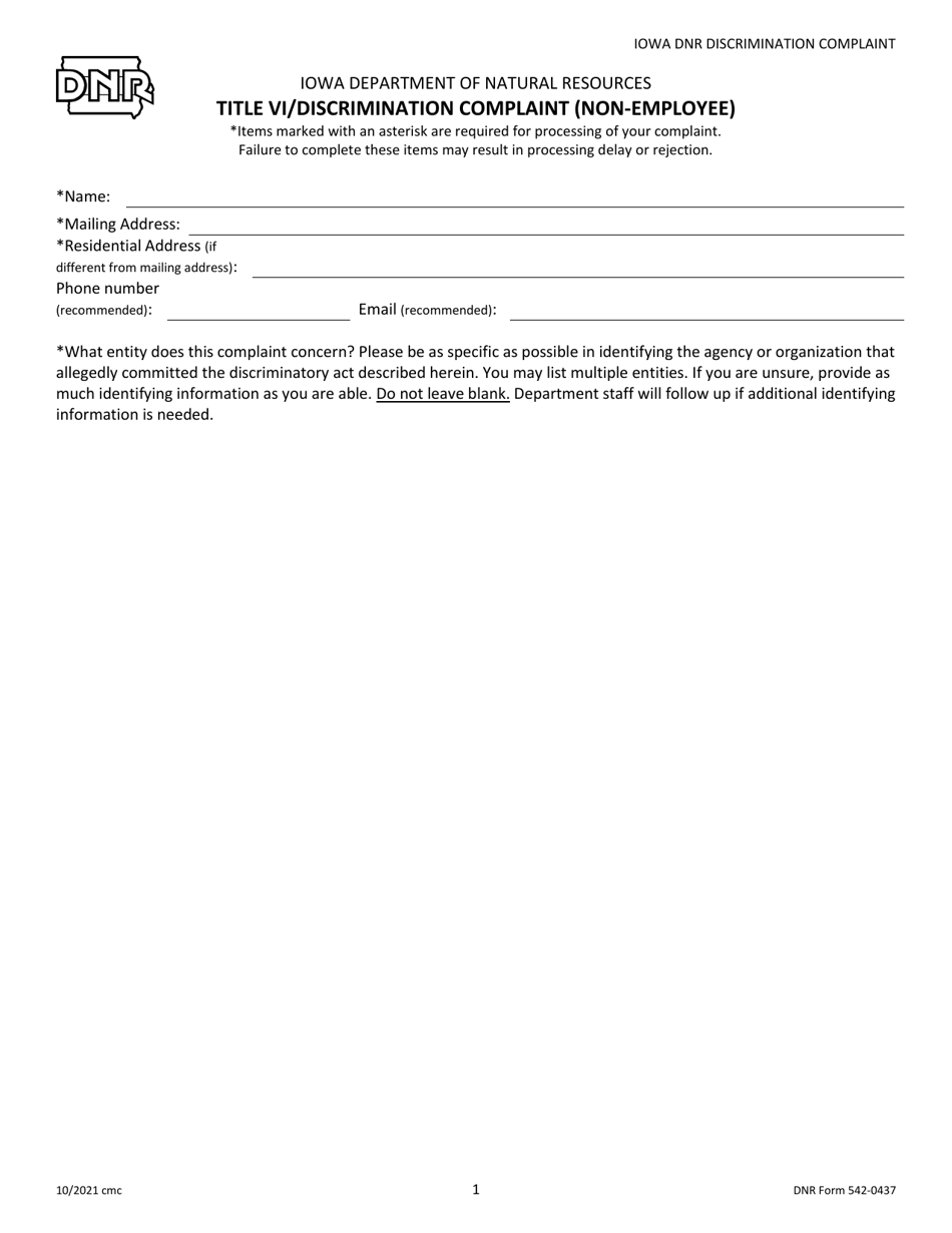 DNR Form 542-0437 Title VI / Discrimination Complaint (Non-employee) - Iowa, Page 1