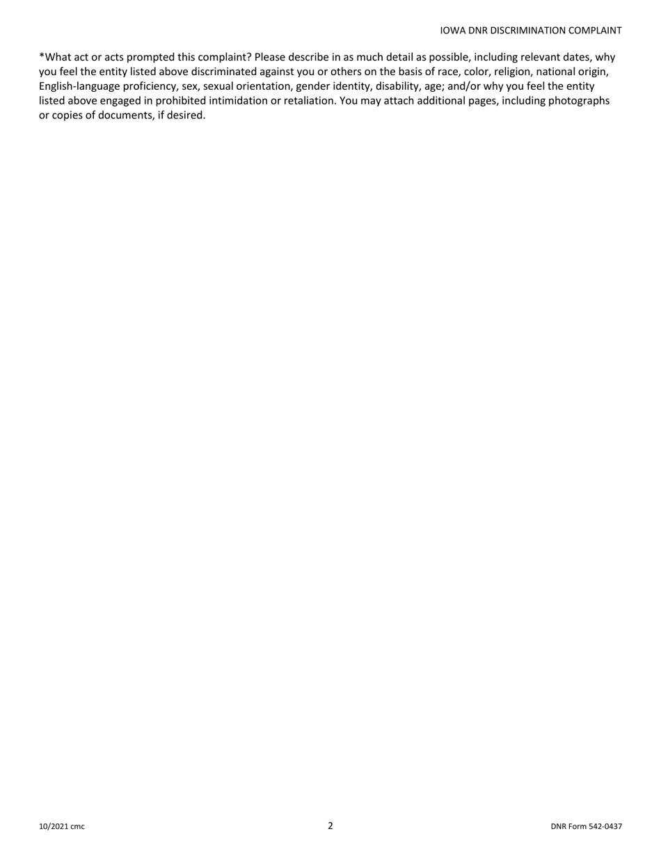 DNR Form 542-0437 Title VI / Discrimination Complaint (Non-employee) - Iowa, Page 2