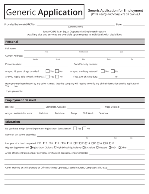 Generic Application for Employment - Iowa Download Pdf