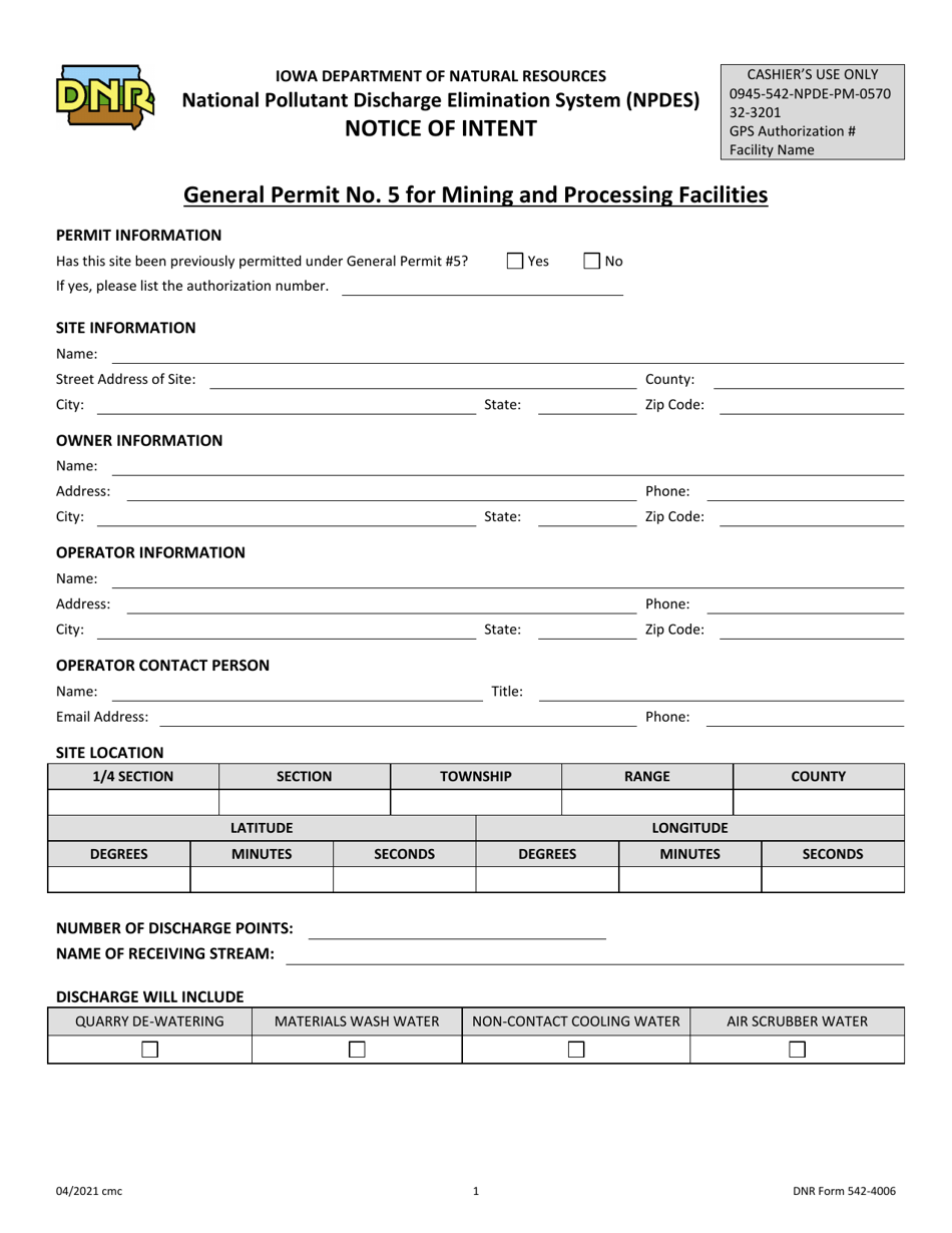DNR Form 542-4006 National Pollutant Discharge Elimination System (Npdes) Notice of Intent - General Permit No. 5 for Mining and Processing Facilities - Iowa, Page 1