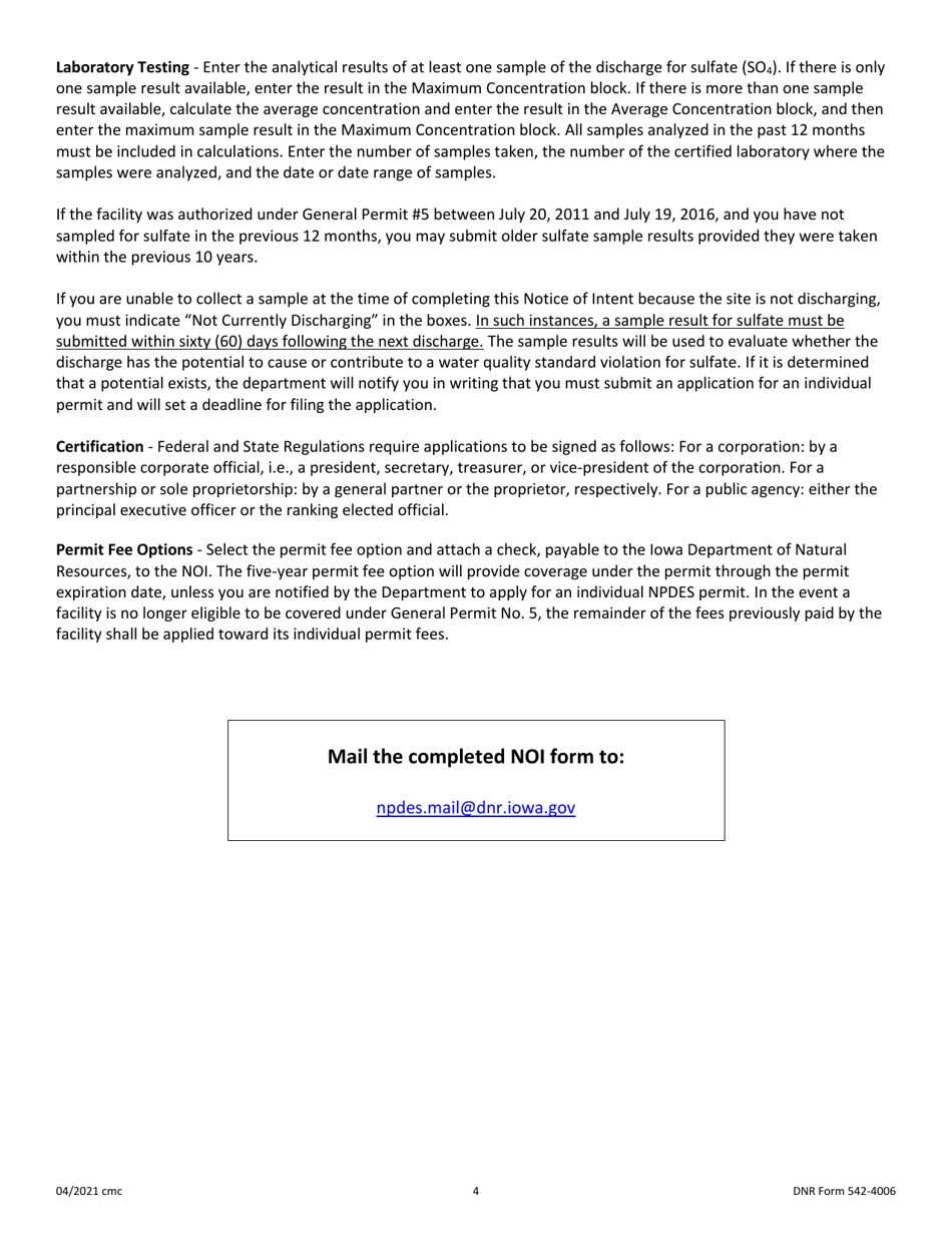 DNR Form 542-4006 National Pollutant Discharge Elimination System (Npdes) Notice of Intent - General Permit No. 5 for Mining and Processing Facilities - Iowa, Page 4