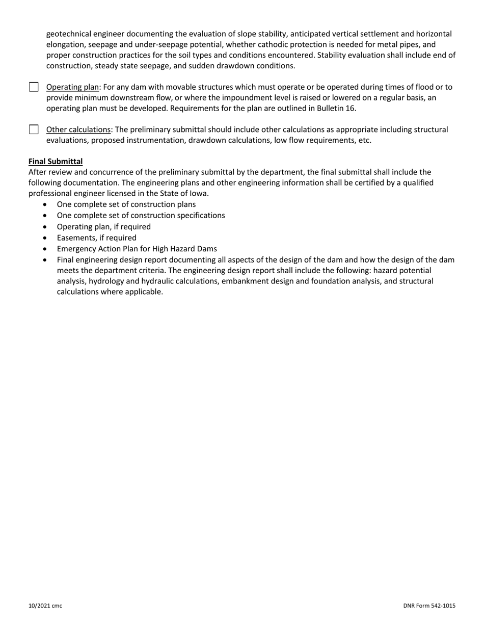 DNR Form 542-1015 Earth Embankment Dams - Flood Plain Management Program - Iowa, Page 2