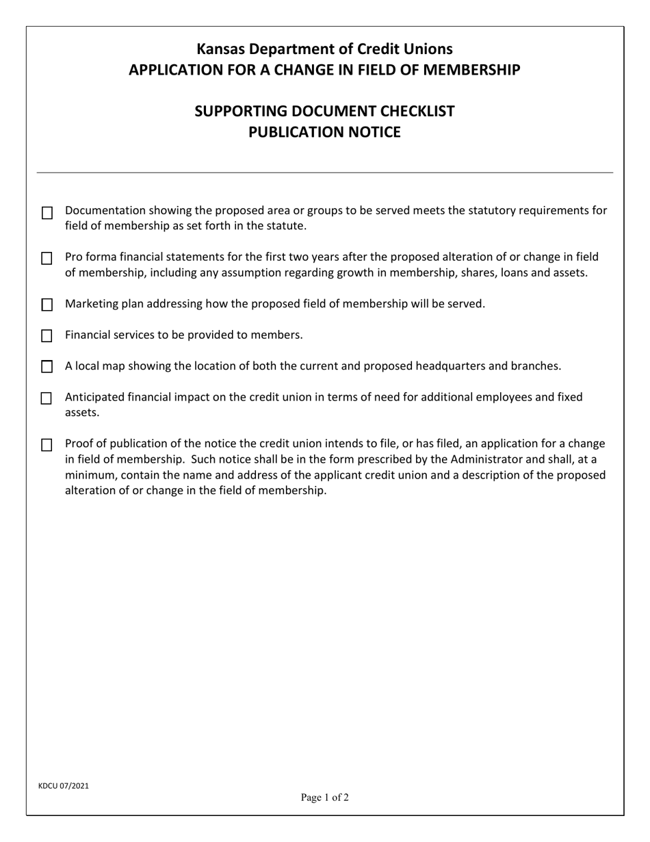 Application for a Change in Field of Membership - Supporting Document Checklist and Publication Notice - Kansas, Page 1