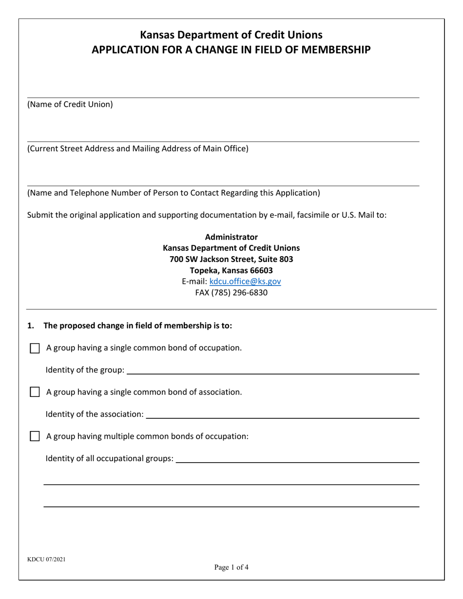 Application for a Change in Field of Membership - Kansas, Page 1