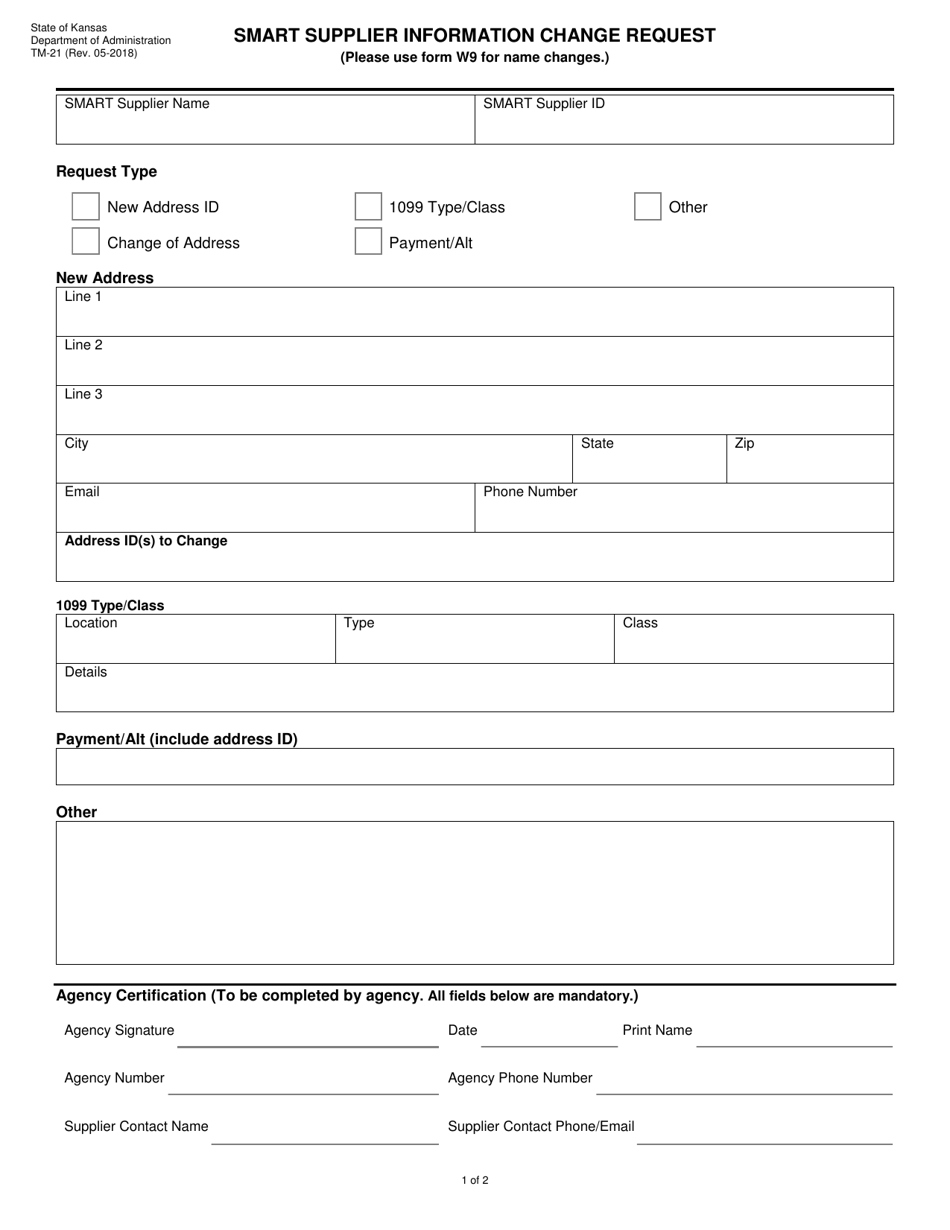 Form TM-21 Smart Supplier Information Change Request - Kansas, Page 1