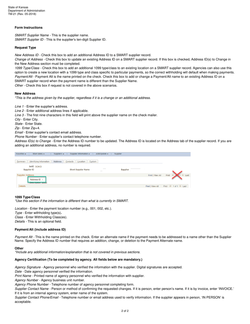 Form TM-21 Smart Supplier Information Change Request - Kansas, Page 2