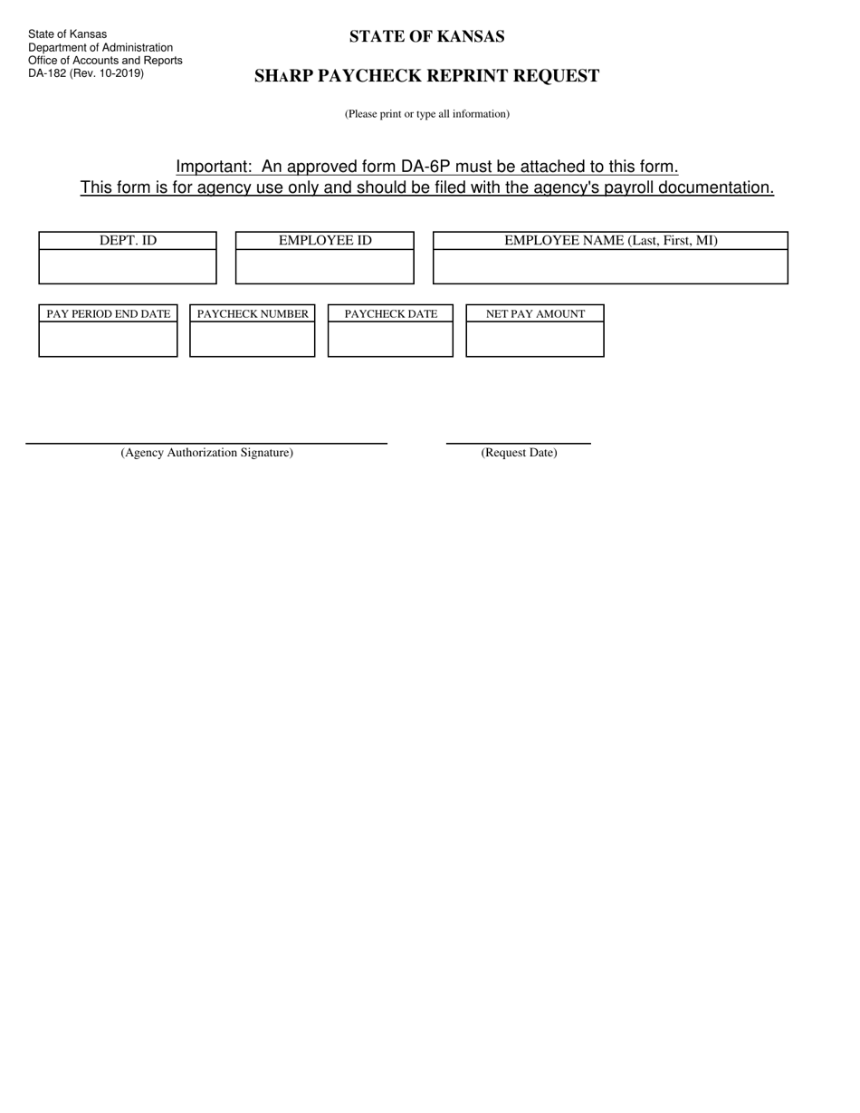 Form DA-182 Sharp Paycheck Reprint Request - Kansas, Page 1