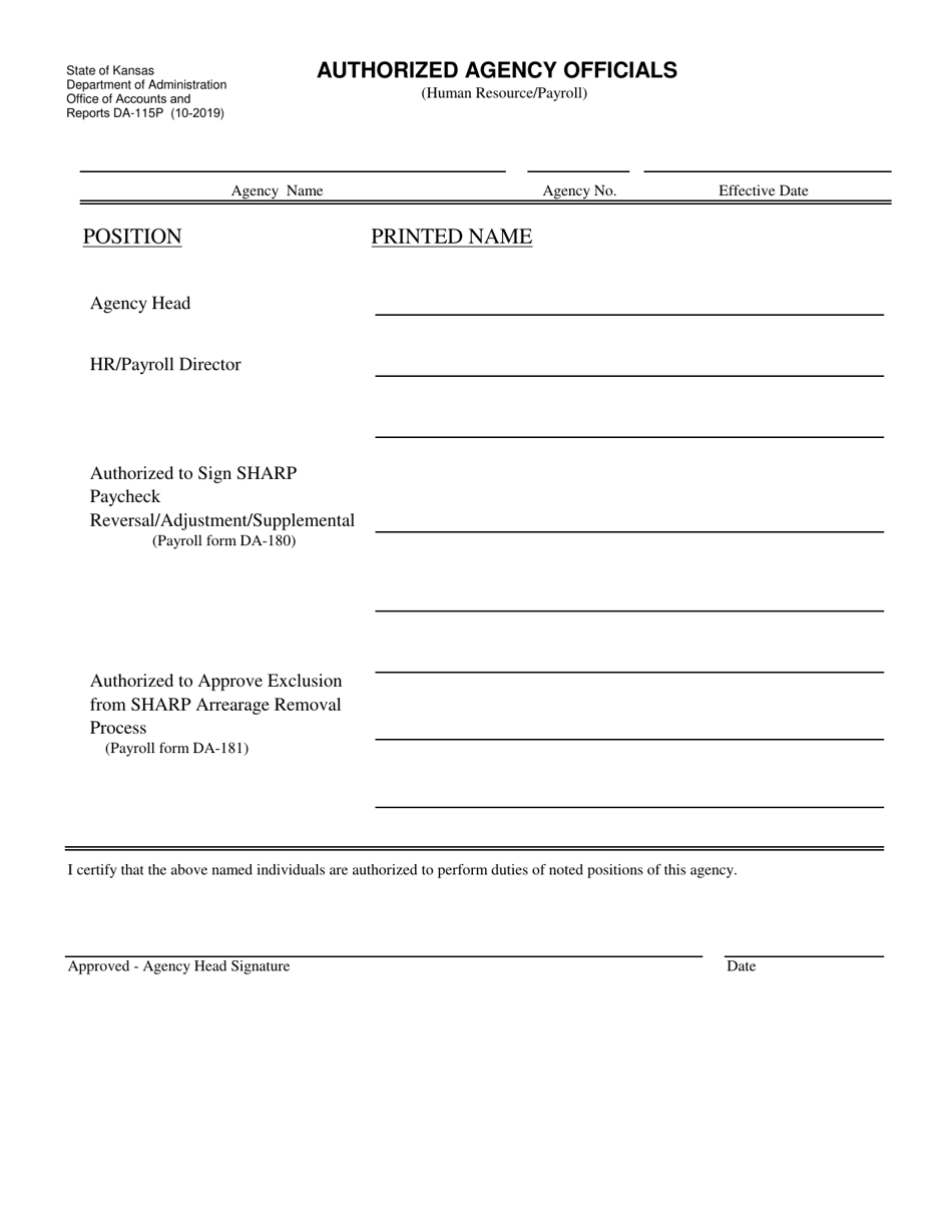 Form DA-115P Agency Authorized Signatures Payroll - Kansas, Page 1