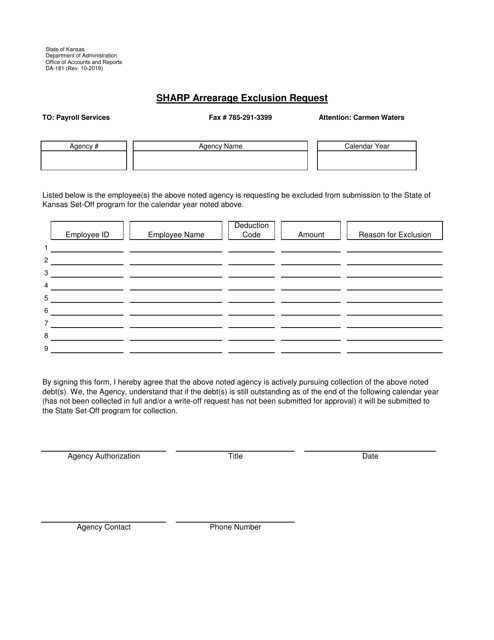 Form DA-181 Sharp Arrearage Exclusion Request - Kansas