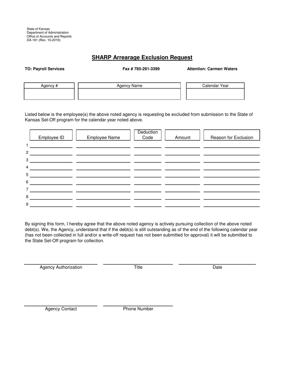 Form DA-181 Sharp Arrearage Exclusion Request - Kansas, Page 1