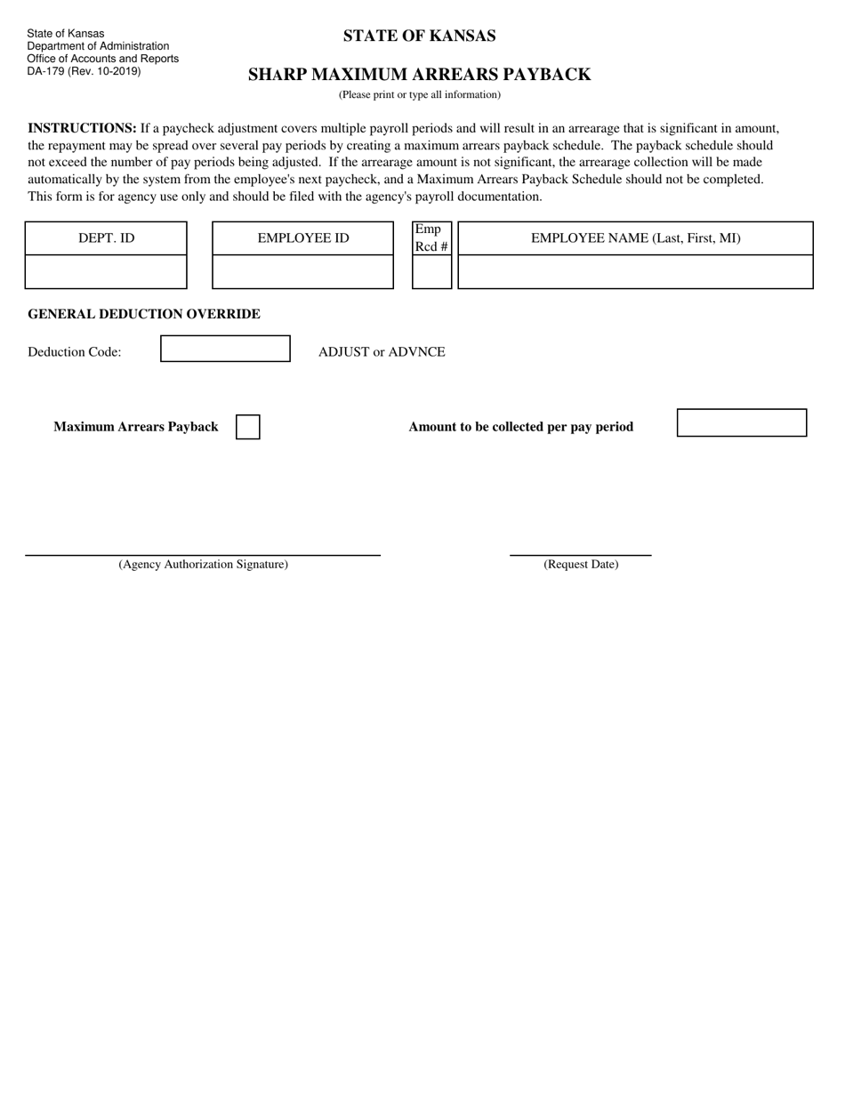 Form DA-179 Sharp Maximum Arrears Payback - Kansas, Page 1