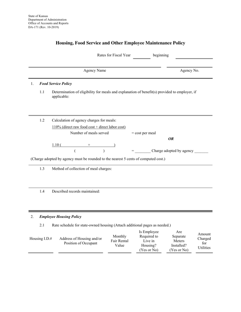 Form DA-171 Housing, Food Service and Other Employee Maintenance Policy - Kansas