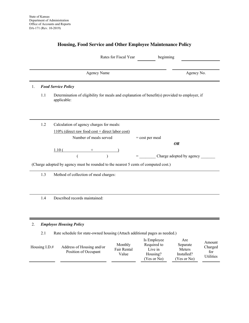 Form DA-171 Housing, Food Service and Other Employee Maintenance Policy - Kansas, Page 1