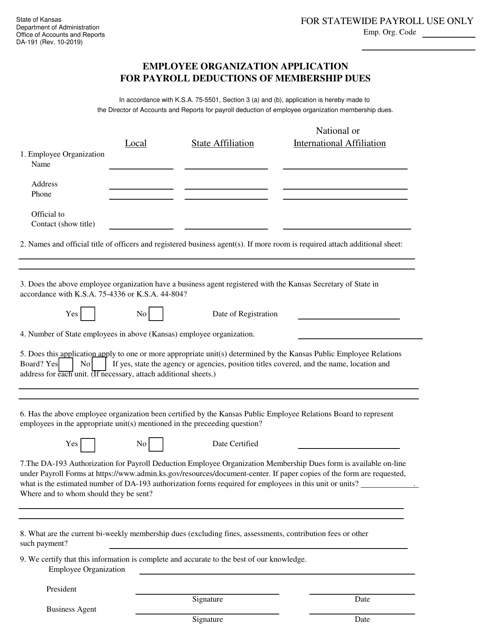 Form DA-191 Employee Organization Application for Payroll Deductions of Membership Dues - Kansas