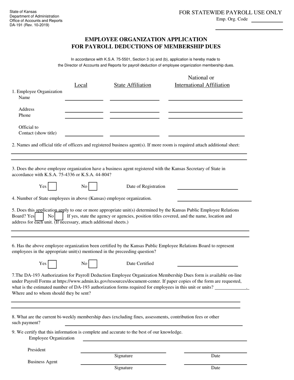 Form DA-191 Employee Organization Application for Payroll Deductions of Membership Dues - Kansas, Page 1