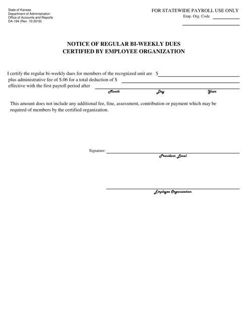 Form DA-194 Notice of Regular BI-Weekly Dues Certified by Employee Organization - Kansas