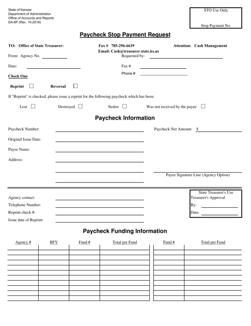 Form DA-6P Paycheck Stop Payment Request - Kansas