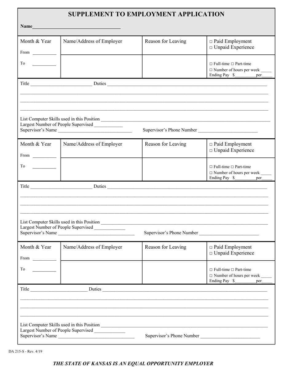 Form DA215-S Supplement to Employment Application - Kansas, Page 1