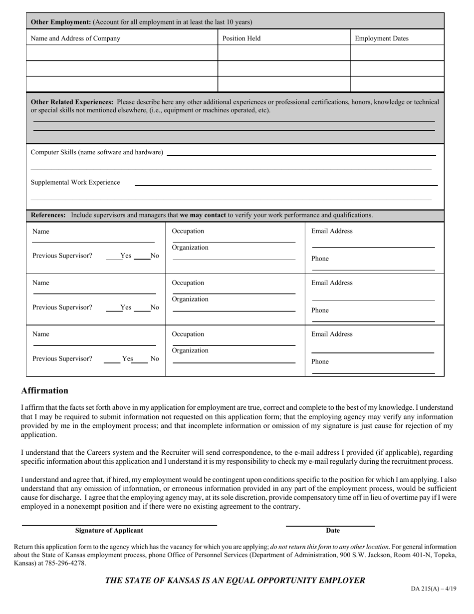 Form DA215(A) Employment Application - Kansas, Page 4