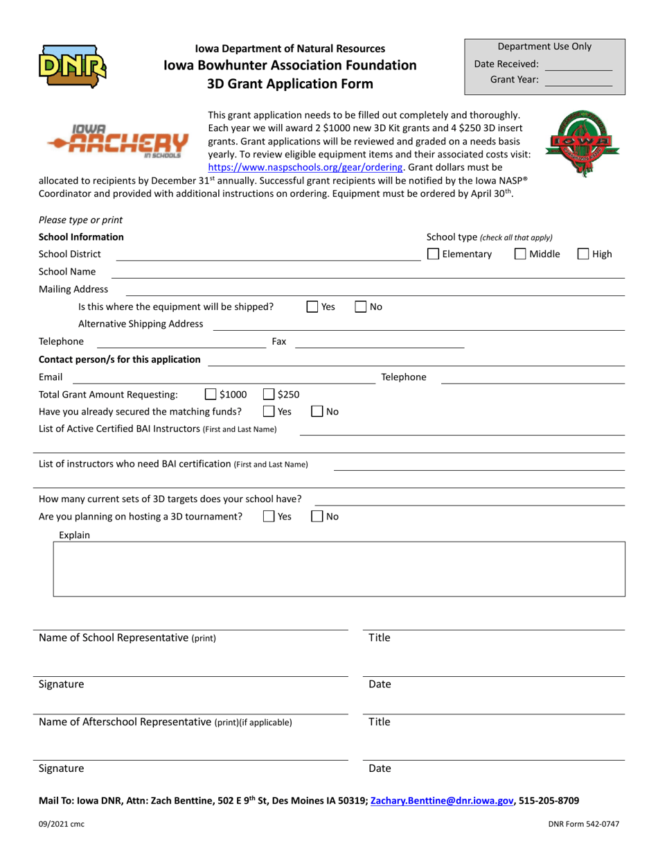 DNR Form 542-0747 Iowa Bowhunter Association Foundation 3d Grant Application Form - Iowa, Page 1