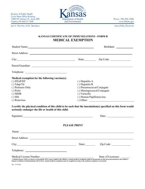 Form B Kansas Certificate of Immunizations - Medical Exemption - Kansas