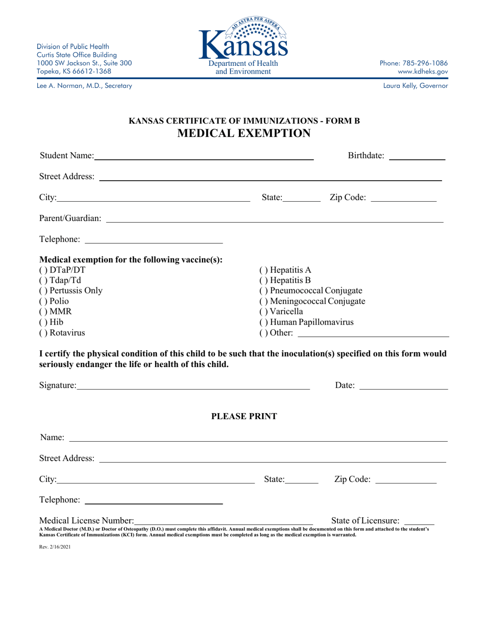 Form B Kansas Certificate of Immunizations - Medical Exemption - Kansas, Page 1