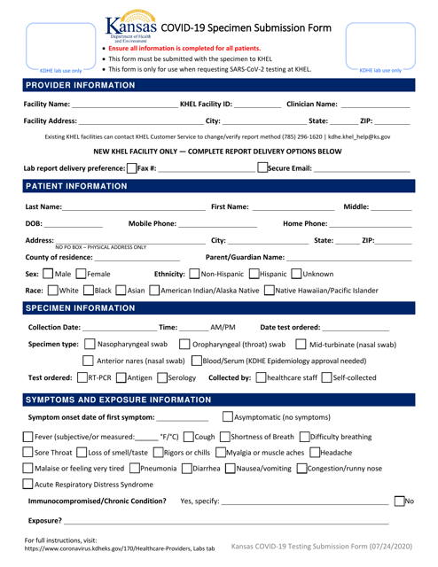 Covid-19 Specimen Submission Form - Kansas Download Pdf