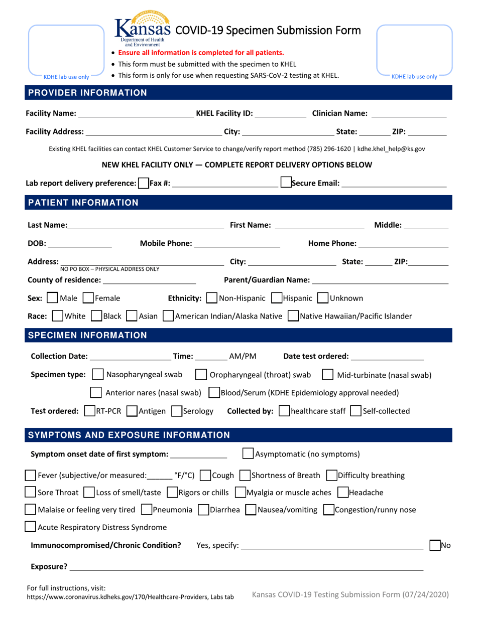 Covid-19 Specimen Submission Form - Kansas, Page 1