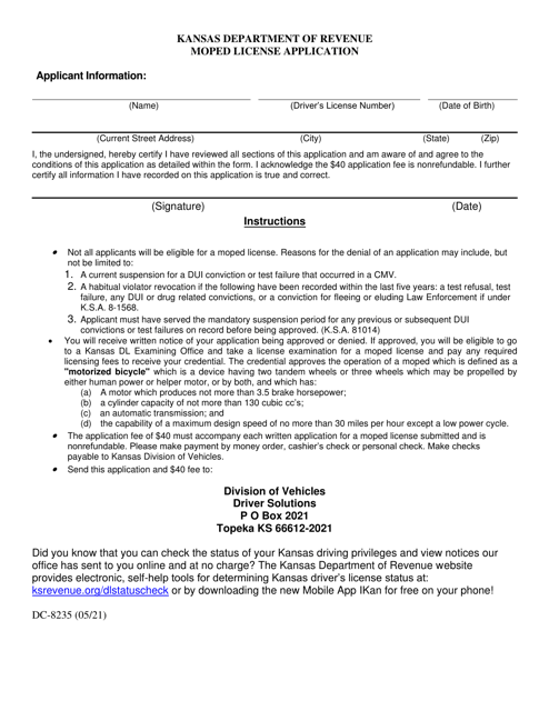 Form DC-8235 Moped License Application - Kansas