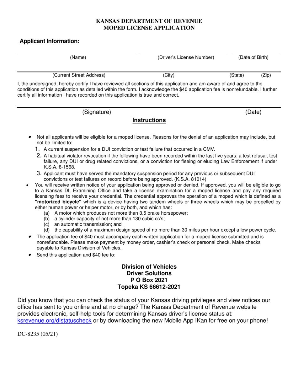 Form DC8235 Download Fillable PDF or Fill Online Moped License