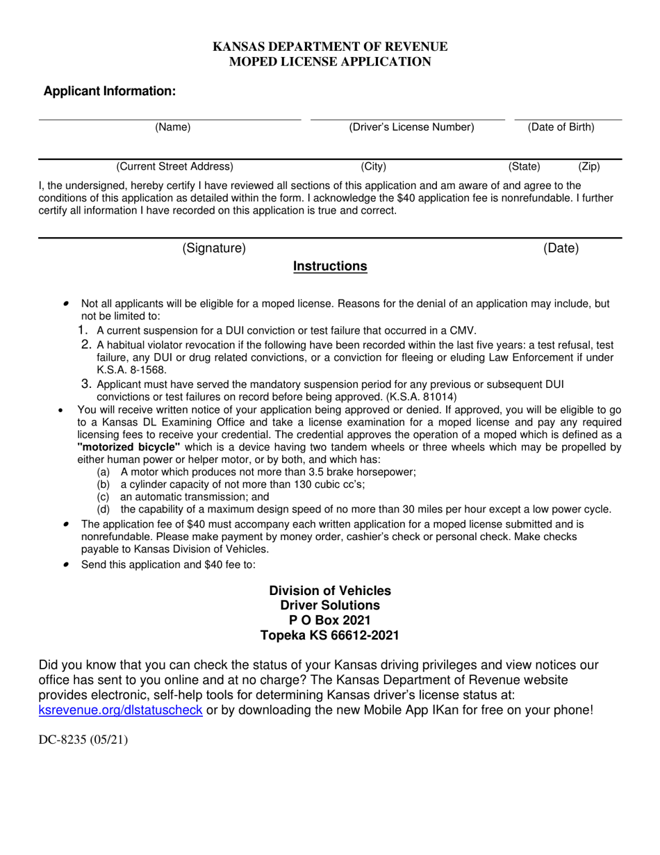 Form DC-8235 Moped License Application - Kansas, Page 1