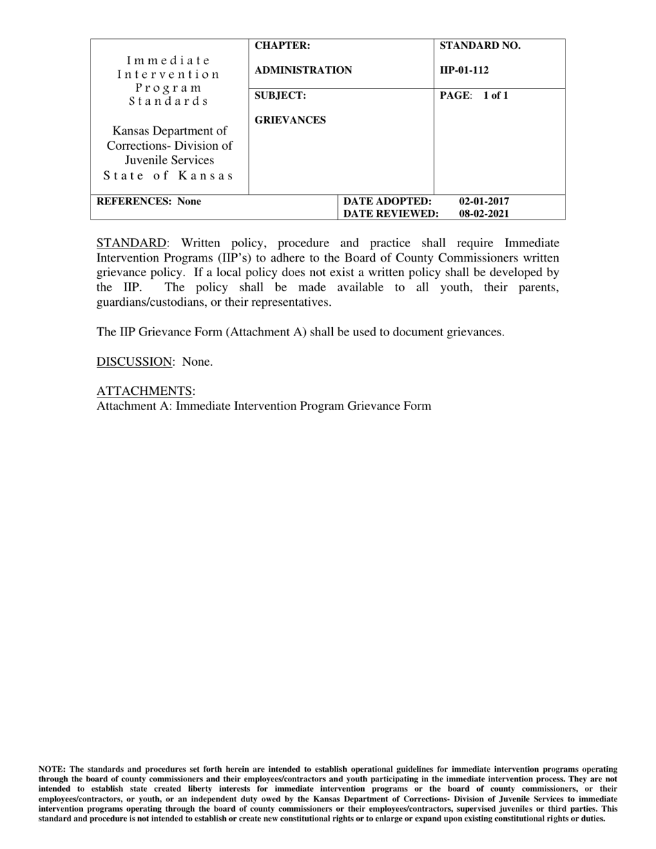 Attachment A Grievance Form - Immediate Intervention Program - Kansas, Page 1