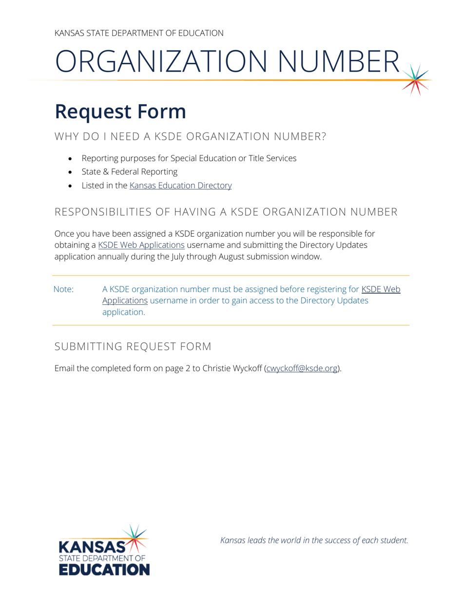 Organization Number Request Form for Non-public Schools - Kansas, Page 1