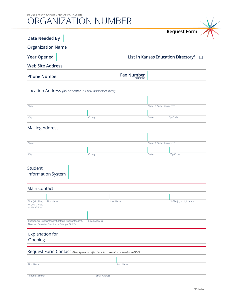 Organization Number Request Form for Non-public Schools - Kansas, Page 2