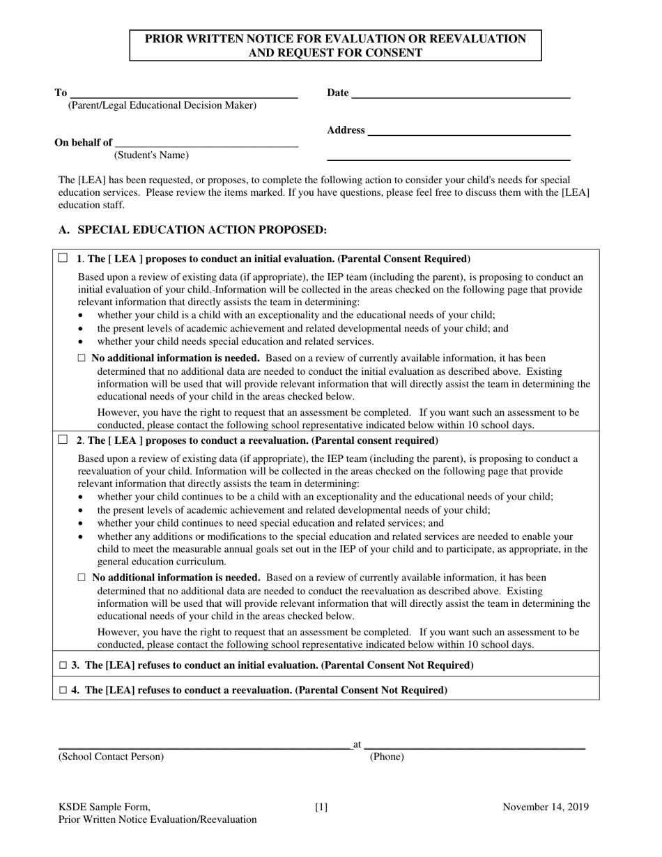 Prior Written Notice for Evaluation or Reevaluation and Request for Consent - Kansas, Page 1