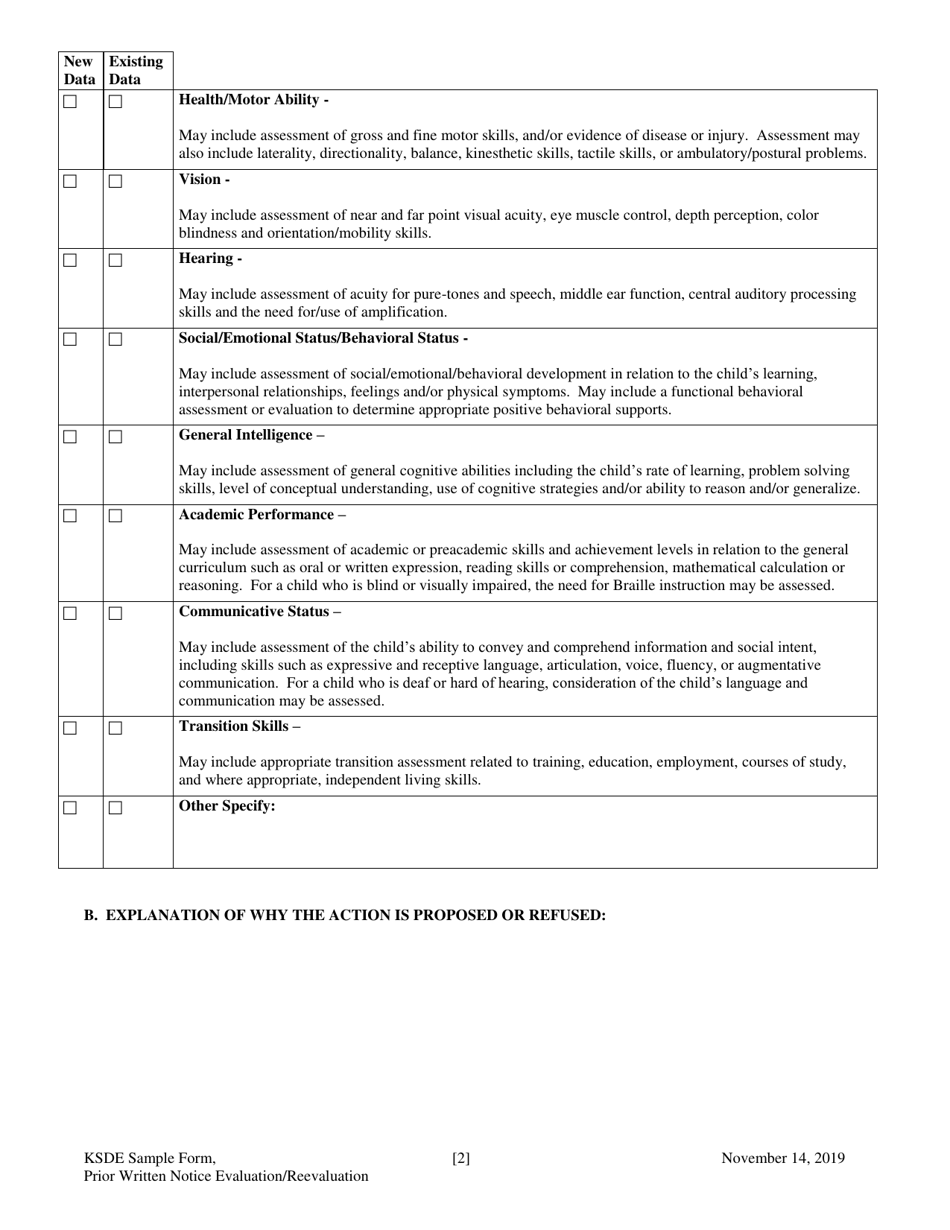 Prior Written Notice for Evaluation or Reevaluation and Request for Consent - Kansas, Page 2