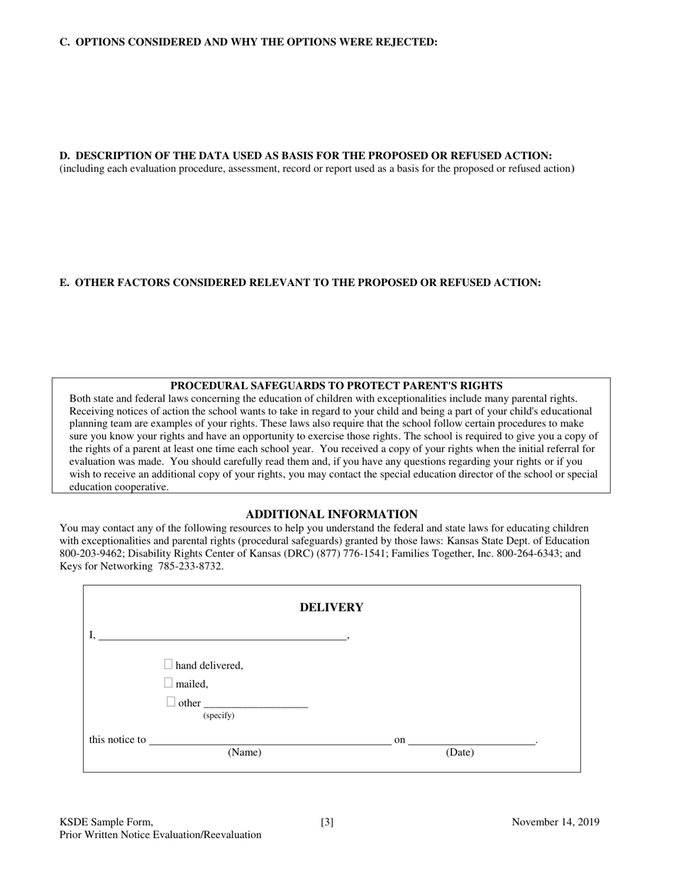 Prior Written Notice for Evaluation or Reevaluation and Request for Consent - Kansas, Page 3