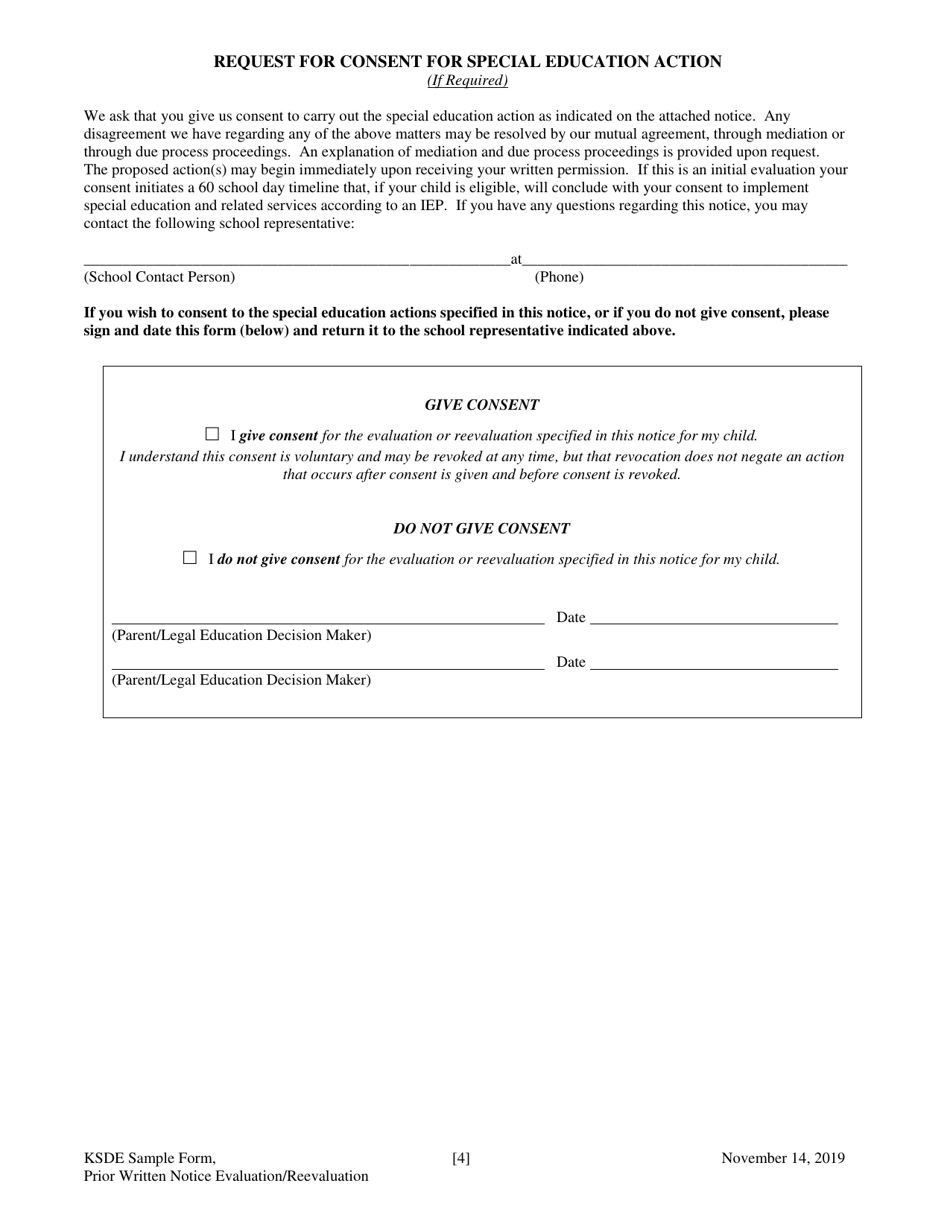 Prior Written Notice for Evaluation or Reevaluation and Request for Consent - Kansas, Page 4