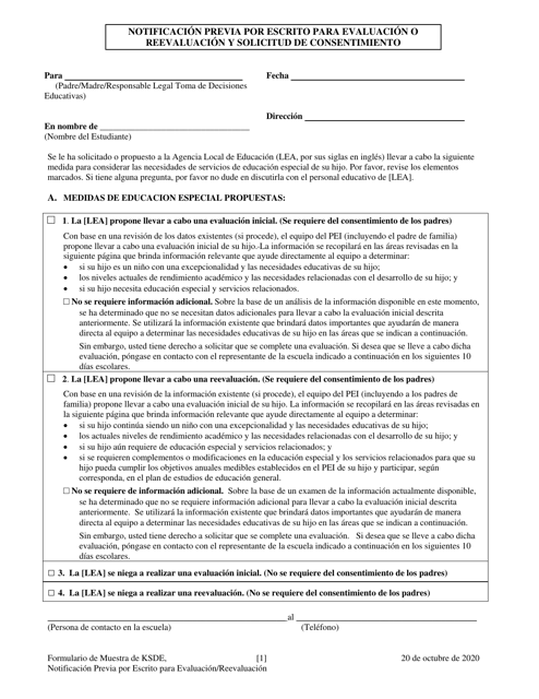 Notificacion Previa Por Escrito Para Evaluacion O Reevaluacion Y Solicitud De Consentimiento - Kansas (Spanish)