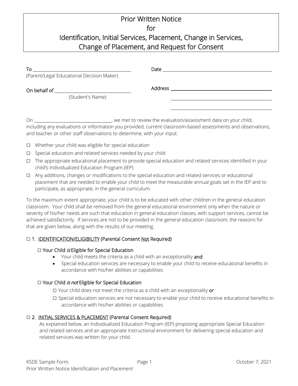 Prior Written Notice for Identification, Initial Services, Placement, Change in Services, Change of Placement, and Request for Consent - Kansas, Page 1