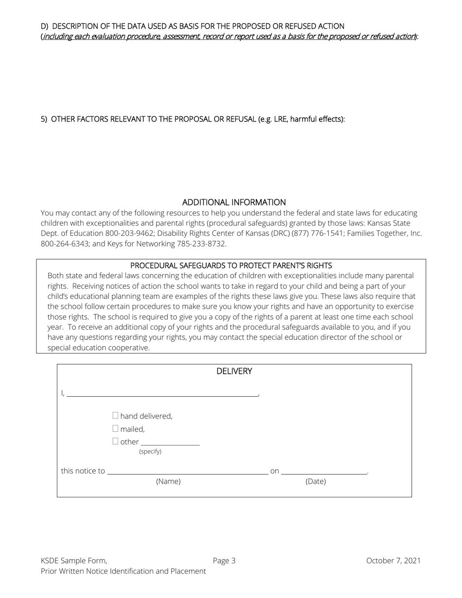 Prior Written Notice for Identification, Initial Services, Placement, Change in Services, Change of Placement, and Request for Consent - Kansas, Page 3