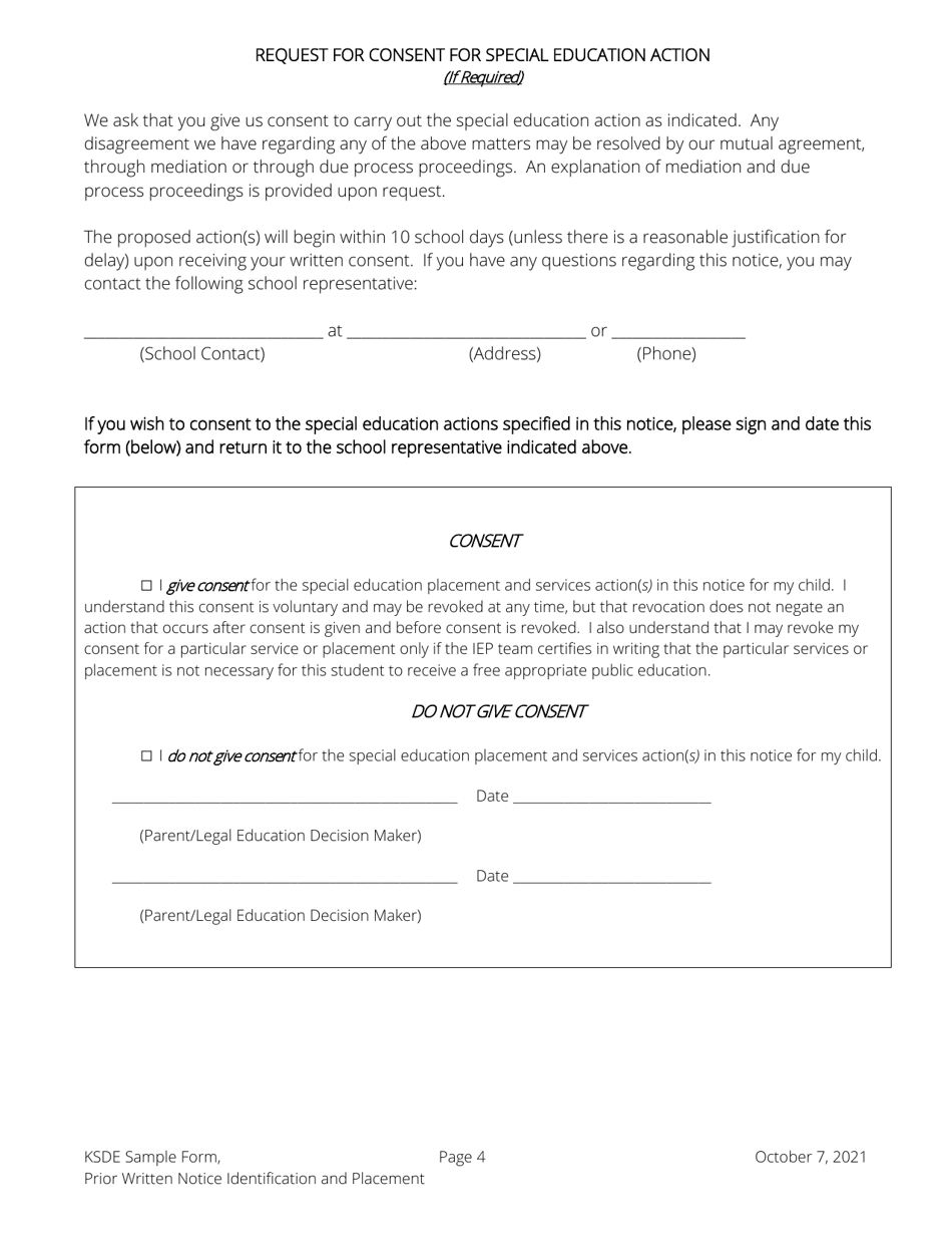 Prior Written Notice for Identification, Initial Services, Placement, Change in Services, Change of Placement, and Request for Consent - Kansas, Page 4