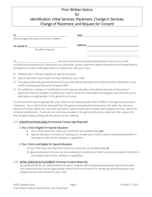 Prior Written Notice for Identification, Initial Services, Placement, Change in Services, Change of Placement, and Request for Consent - Kansas