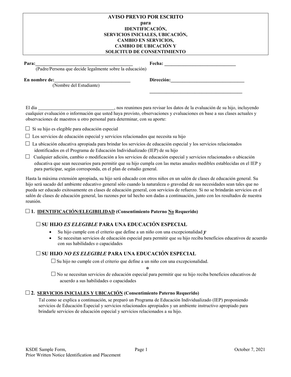 Aviso Previo Por Escrito Para Identificacion, Servicios Iniciales, Ubicacion, Cambio En Servicios,cambio De Ubicacion Y Solicitud De Consentimiento - Kansas (Spanish), Page 1