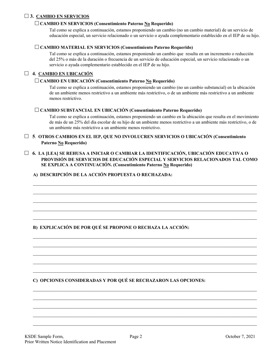 Aviso Previo Por Escrito Para Identificacion, Servicios Iniciales, Ubicacion, Cambio En Servicios,cambio De Ubicacion Y Solicitud De Consentimiento - Kansas (Spanish), Page 2