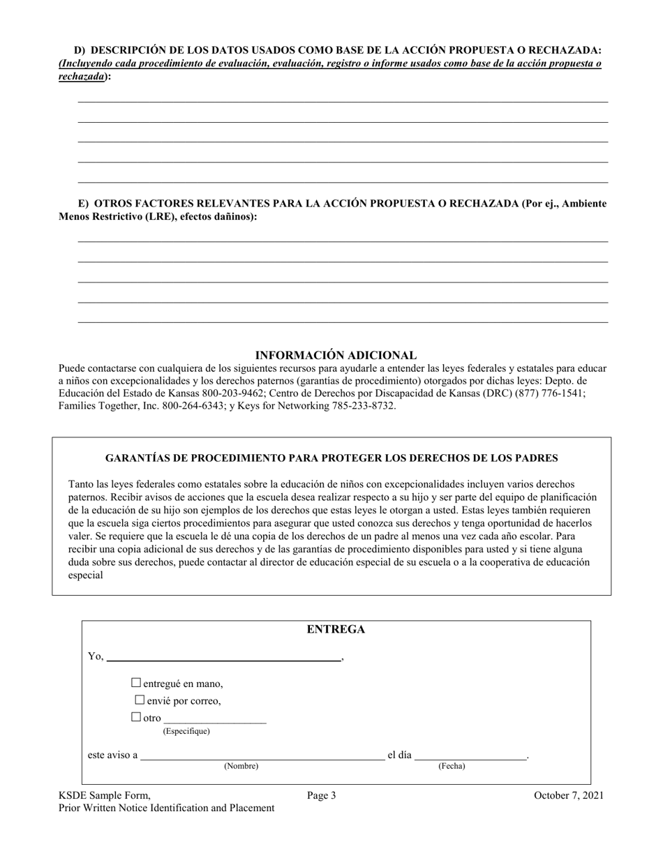 Aviso Previo Por Escrito Para Identificacion, Servicios Iniciales, Ubicacion, Cambio En Servicios,cambio De Ubicacion Y Solicitud De Consentimiento - Kansas (Spanish), Page 3