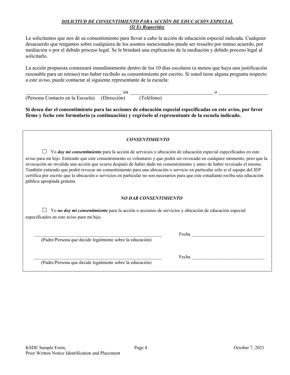 Aviso Previo Por Escrito Para Identificacion, Servicios Iniciales, Ubicacion, Cambio En Servicios,cambio De Ubicacion Y Solicitud De Consentimiento - Kansas (Spanish), Page 4