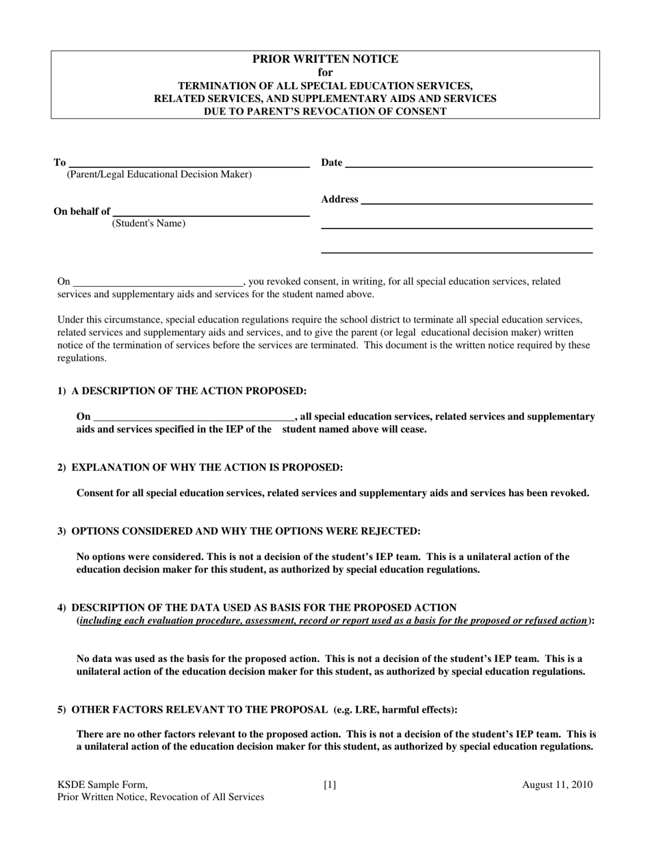 Prior Written Notice for Termination of All Special Education Services, Related Services, and Supplementary AIDS and Services Due to Parents Revocation of Consent - Kansas, Page 1